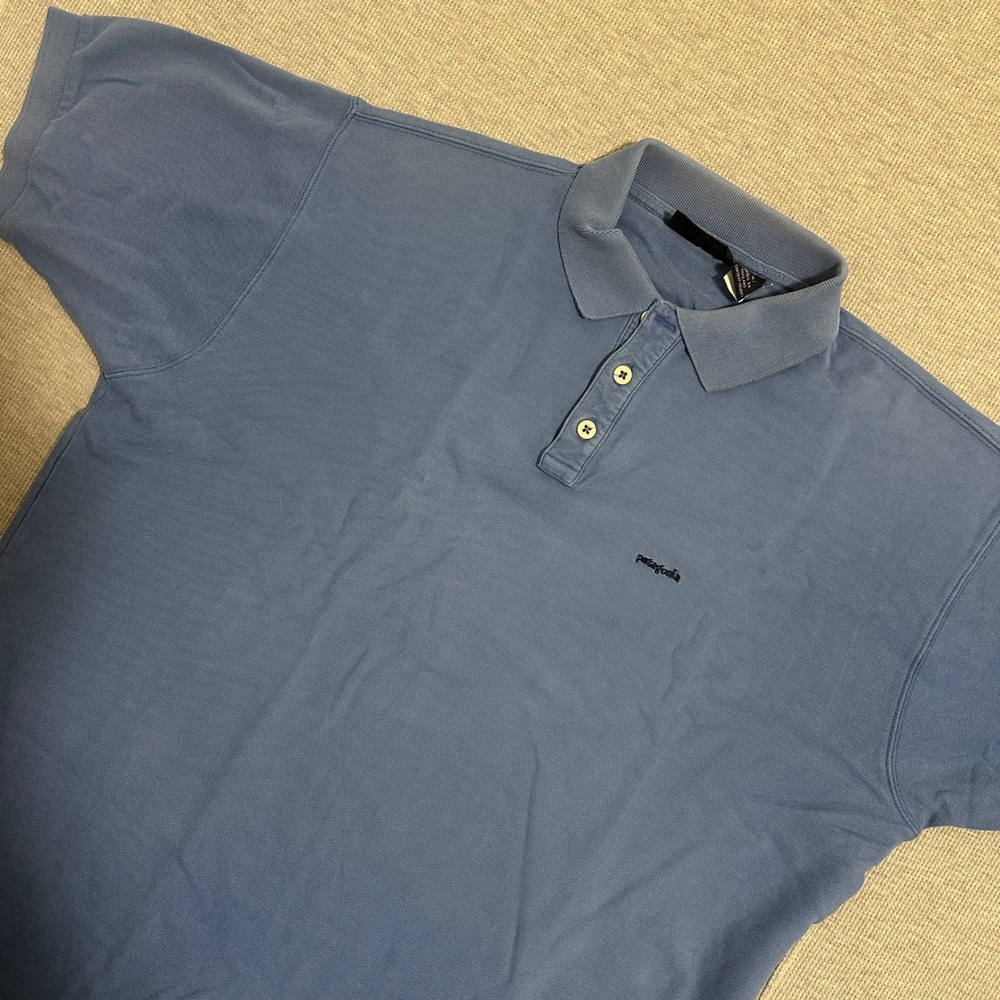 VTG Faded Patagonia Short Sleeve Pique Polo Embroidered Logo Blue Men's XL